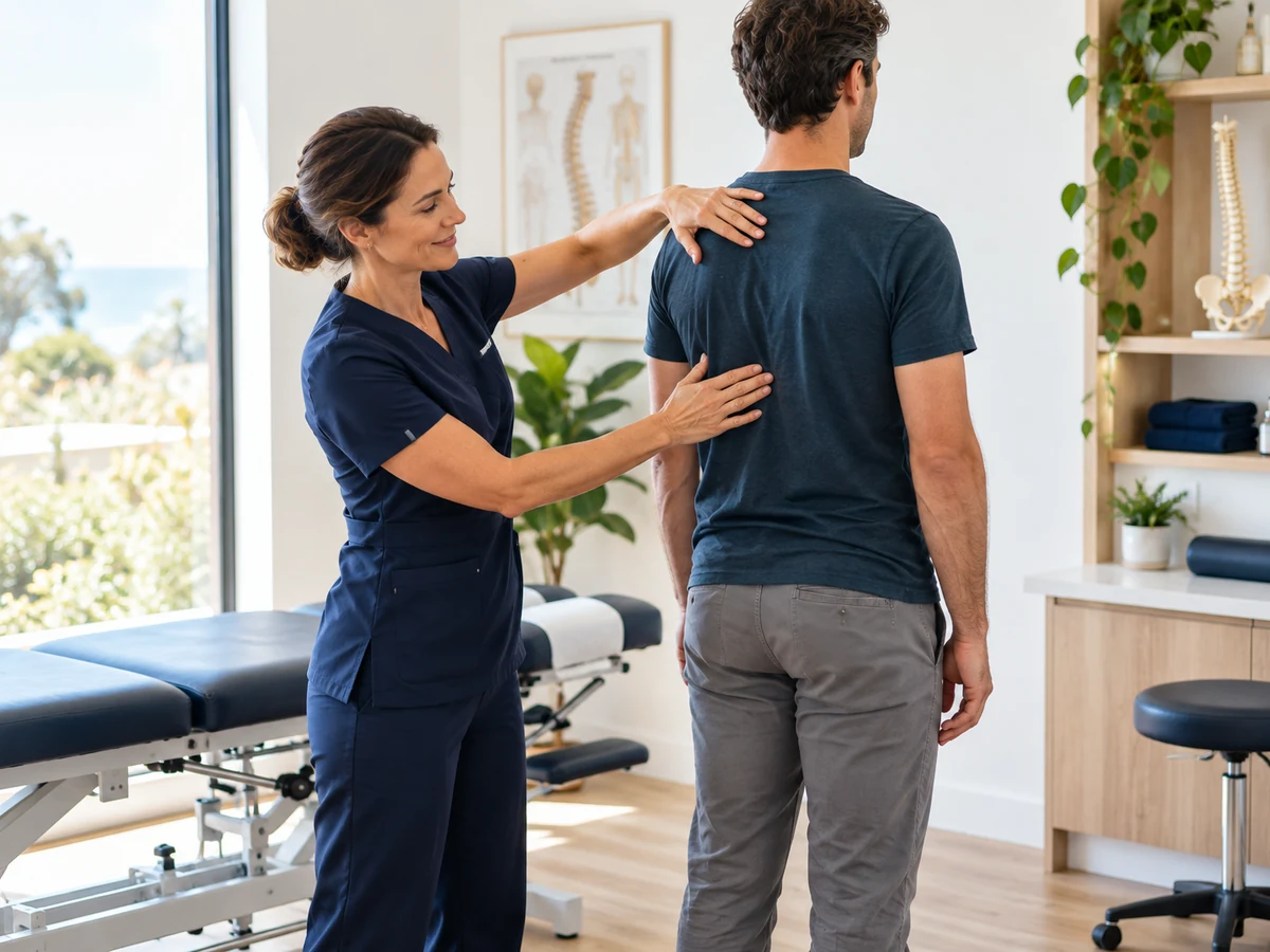 Chiropractor assessing a patient in a bright treatment room